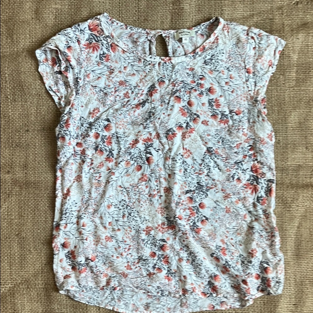 MARINA White Cap-Sleeve Blouse with Coral Floral Print